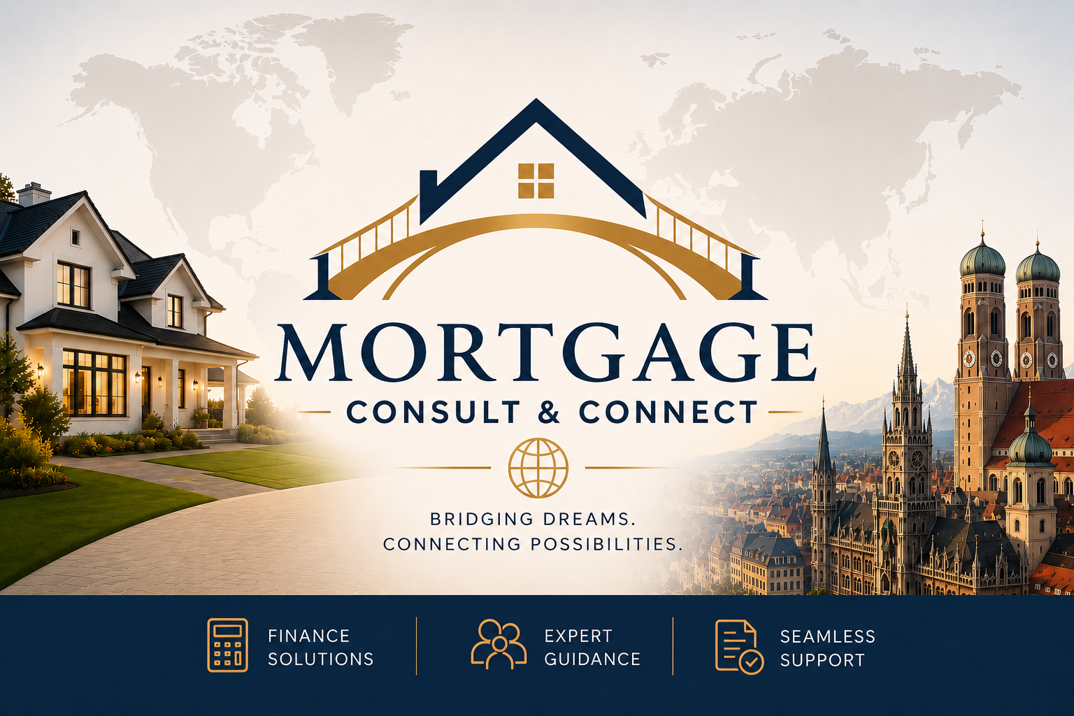 Mortgage Consult and Connect branding with a bridge-shaped home logo, an American home, and the Munich skyline